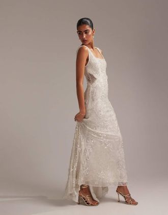 Asos ornate crystal embellished square neck maxi wedding dress-White
