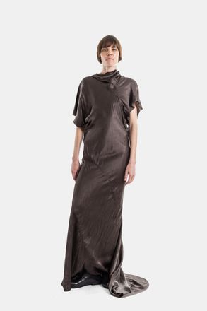 Rick Owens Womens Seb Gown Draped Satin Cupro Long Dress Dark Dust Beige