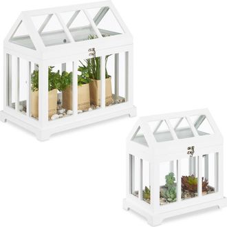 Relaxdays Relaxdays - Mini Invernadero, Set De 2, Decorativo, Para Ventana, Invernadero De Interior, Vidrio Y Madera, Flores, Blanco