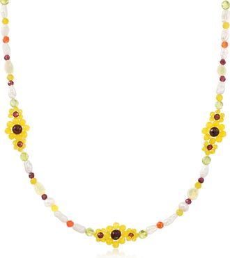 Ross-Simons Cultured Pearl and Multi-Gemstone Bead Sunflower Necklace With 18kt Gold Over Sterling
