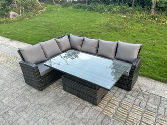 Fimous Outdoor Corner Sofa Garden Furniture High Back Sofa Height Adjustable Table 6 Seater in Dark Grey
