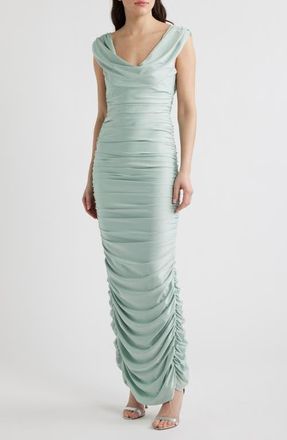 Black Halo Evangeline Ruched Satin Gown in Creme De Menthe at Nordstrom, Size X-Small
