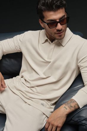Alo | Double Take Long Sleeve Polo Top in Bone Beige, Size: 2XL