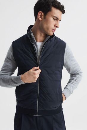 Reiss Navy Hybrid Quilt and Knit Zip-through Gilet, XS
