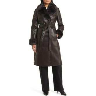 Via Spiga Faux Leather & Faux Fur Coat in Espresso at Nordstrom, Size X-Small