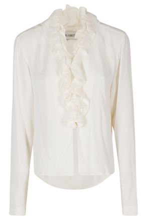 Alberta Ferretti Ivory Georgette Lace Trimmed Ruffled V-Neck Viscose Blouse