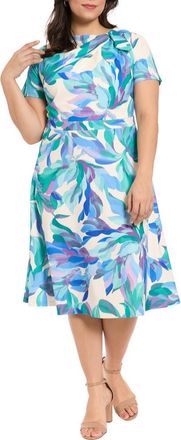 London Times Tie Neck Fit & Flare Midi Dress in Ivory/Blue at Nordstrom Rack, Size 14W