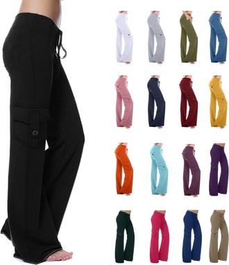 Generic Cargo Trousers for Women Solid Color Casual Work Bottoms Elasticated Waist Flared Trousers with Multi Pockets Ladies Gym Running Yoga Pants Outdoor Hi