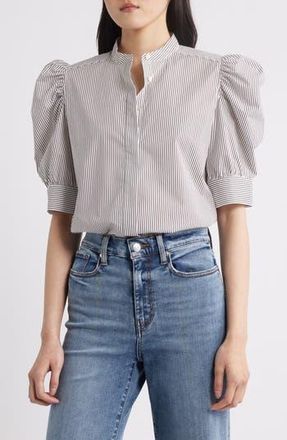 Frame Denim The Shirred Puff Sleeve Stripe Organic Cotton Top in Espresso Multi at Nordstrom Rack, Size Medium