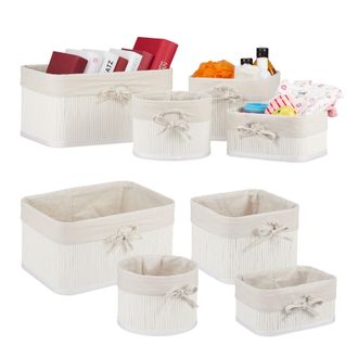 Relaxdays Cestos Almacenaje Set De 8, Bamb&uacute; Y Funda De Tela, 4 Tama&ntilde;os, Caja De Juguetes, Cosm&eacute;ticos Y Toallas, Blanco