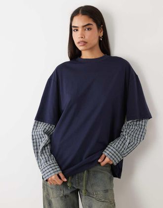 Lioness T-shirt oversize 2 in 1 e camicia a maniche lunghe con strass blu navy a quadri