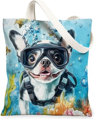 Generic Pop Art Shiba Inu Dog Canvas Tote Bag for Shopping 13x15, Ocean Sea Nautical Puppy Reusable Grocery Print Bag for Women, Fun Pet Beach Aesthetic Paint