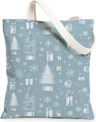 Generic Winter Snowflake Canvas Tote Bags, Christmas Gift Pattern Reusable Grocery Bags, Lightweight Washable Shoulder Strap Canvas, Blue, 13x15 Inch