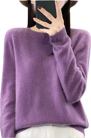 Generic Cashmere Sweater for Women Long Sleeve Crew Neck Soft Warm Pullover Lightweight Knit Top Solid Color Long Sleeve Casual (A-Purple,S)