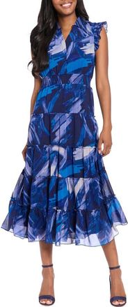 London Times Flutter Sleeve Tiered Chiffon Maxi Dress in Navy/V Peri at Nordstrom Rack, Size Medium