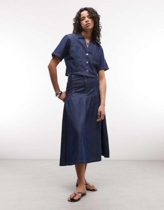 Reclaimed Vintage Gonna lunga in denim con vita scesa color indaco in coordinato-Blu