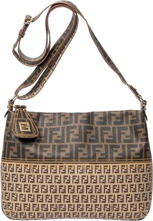 Fendi Beige & Brown Zucca Coated Canvas Large Messenger (Authentic Pre-Loved)