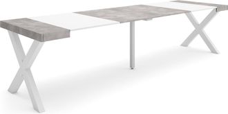 Skraut Home Skraut Home - Mesa Consola Extensible, Mesa Comedor Plegable, 300, Para 14 Comensales, Patas Madera Maciza, Estilo Moderno, Blanco Y Gris Cemento