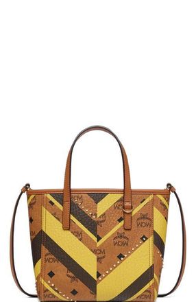 MCM Studded Toni Top-Zip Shopper in Mega Herringbone Visetos in Cognac at Nordstrom