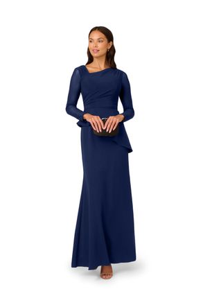 Adrianna Papell Womens Knit Crepe Combo Mesh Gown - Blue - Size 10 UK