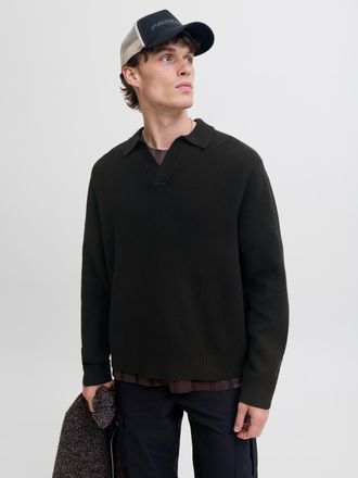Jack & Jones Strickpullover JACK & JONES JCOCOVER KNIT SPLIT NECK POLO, Herren, Gr. XXL, schwarz, Strick, Obermaterial: 60% Polyester, 40% Baumwolle, unifarben, re