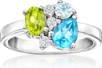 Ross-Simons Swiss Blue Topaz,. Peridot and. Aquamarine Ring With. Lab-Grown Diamonds in Sterling Silver