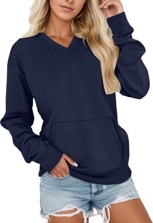 Generic Womens Casual Loose Fit Fleece Pullover Sweatshirts Tops, Cotton Long Sleeve V Neck Plain Longline Shirts, Cozy Oversized Solid Color Lighweight Comfo