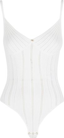 Elisabetta Franchi Ivory Body Tricot Rhinestones Viscose-Blend Bodysuit