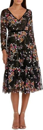 Mac Duggal Black Floral Embroidered Tea Length Dress in Black Multi at Nordstrom, Size 12