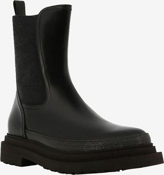 Brunello Cucinelli Chelseastiefeletten aus glänzendem Glattleder und Strick Monile