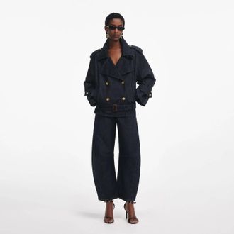Self Portrait Denim Trench Jacket In Navy