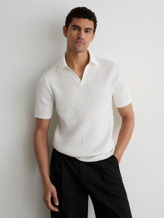 Reiss White Micro-cable Knit Open-collar Polo, Xxl