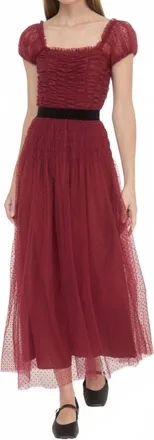 Moon River Tulle Dress With Velvet Belt In Crimson