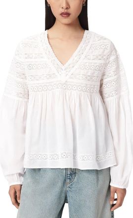 AllSaints Neneh Lace Trim Eyelet Top in White at Nordstrom, Size 12