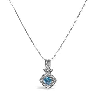 House of Brilliance 925 Sterling Silver 5x5 mm Blue Topaz and Diamond Accent Cushion Pendant Necklace