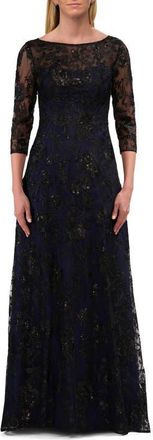 La Femme Mother of the Bride Dress with Full Skirt and Illusion Neckline in Black/navy at Nordstrom, Size 14