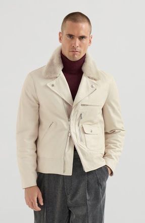 Brunello Cucinelli Nappa leather biker jacket with Thermore padding and detachable shearling collar in Ivory at Nordstrom, Size X-Large