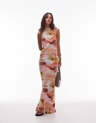 Topshop Vestito midi allacciato al collo con stampa astratta floreale vivace e collo alto-Multicolore