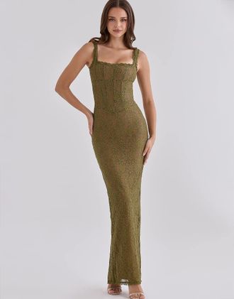 House of CB Aureliana - Vestito lungo in pizzo verde oliva con bordi smerlati