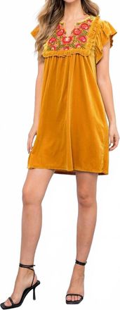 THML Clothing Fall Feels Velvet Embroidered Dress In Gold