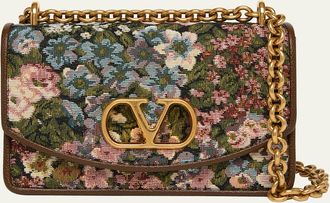 Valentino Garavani Small Floral Woven Leather-Trim Shoulder Bag