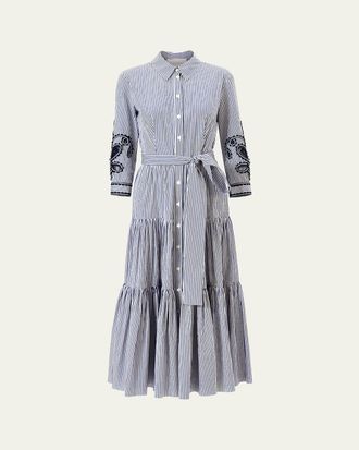 Carolina Herrera Paisley Embroidered 3/4-Sleeve Tiered Midi Shirtdress