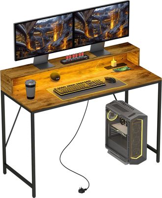 HOMCOM Computer Desk with LED Lights - Study Table with Shelf - Rustic Brown | TJ Hughes