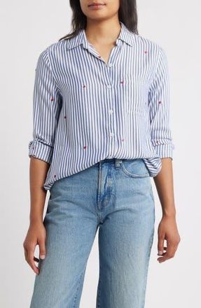 Beach Lunch Lounge Kaylee Heart Stripe Long Sleeve Button-Up Shirt in Love Story at Nordstrom Rack, Size X-Small