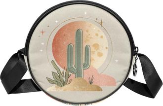 Generic Circle Crossbody Bag for Women, Desert Cactus Small Sling Bag Daypack with Zipper Adjustable Shoulder Straps Casual Ladies Girls Round Purse