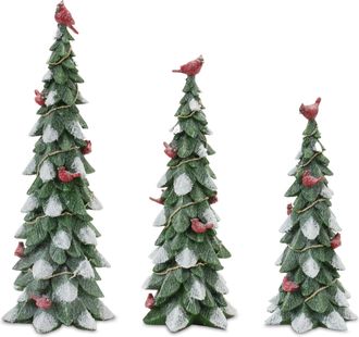 Melrose International Frosted Cardinal Pine Tree (Set of 3) - White, Green, Red