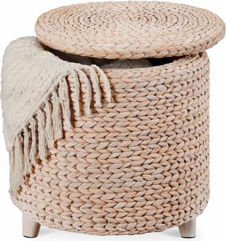 Best Choice Products 17 Round Storage Ottoman with Lid - Handwoven Water Hyacinth Modern Footstool