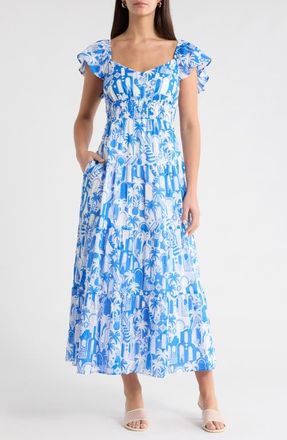 Sugarlips Nala Tiered Smocked Maxi Sundress in White-Blue at Nordstrom, Size X-Large