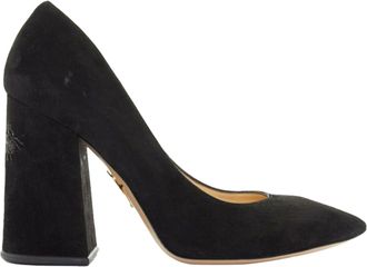 Charlotte Olympia black suede point toe spider embroidered chunky high heel EU35