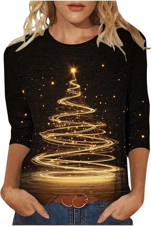 Generic Christmas Tops for Women Novelty Funny Xmas Tees Elk Snowman Print 3/4 Sleeeve Blouse Lightweight Christmas Jumpers Xmas T Shirts Women Holiday Tunic 